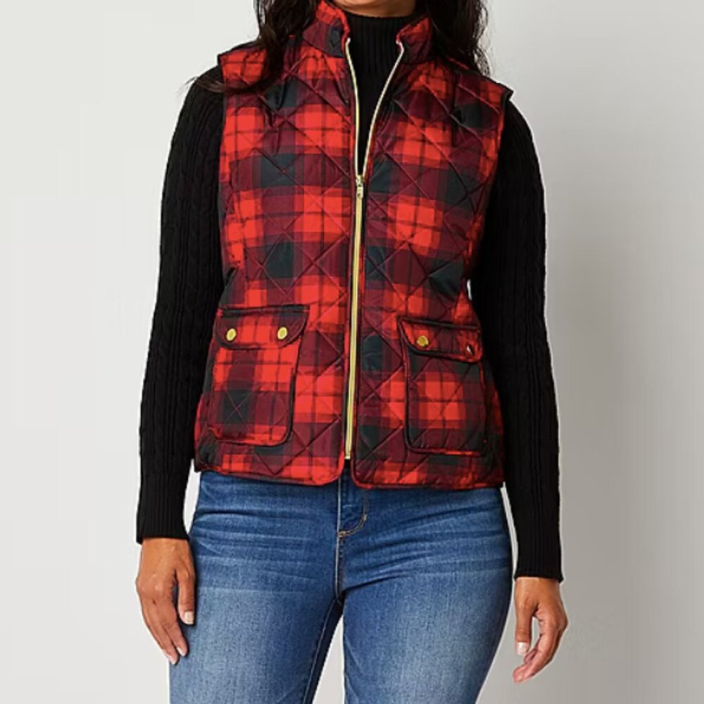 St. John's Bay Women's Red & Black Plaid Quilted Vest Christmas Holiday 2X NEW